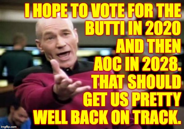 Road to recovery  ( : | I HOPE TO VOTE FOR THE
BUTTI IN 2020
AND THEN
AOC IN 2028.
THAT SHOULD
GET US PRETTY
WELL BACK ON TRACK. | image tagged in memes,picard wtf,buttigieg,aoc,the obama standard,stop the madness | made w/ Imgflip meme maker