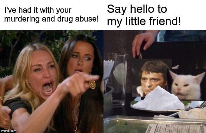 Woman Yelling At Cat | I've had it with your murdering and drug abuse! Say hello to my little friend! | image tagged in memes,woman yelling at cat | made w/ Imgflip meme maker