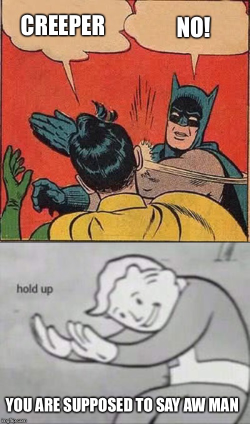NO! CREEPER; YOU ARE SUPPOSED TO SAY AW MAN | image tagged in memes,batman slapping robin,fallout hold up | made w/ Imgflip meme maker