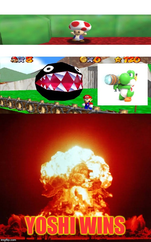 Yoshi wins | YOSHI WINS | image tagged in spurious toad,yoshi,memes,nuclear explosion,imgflip | made w/ Imgflip meme maker