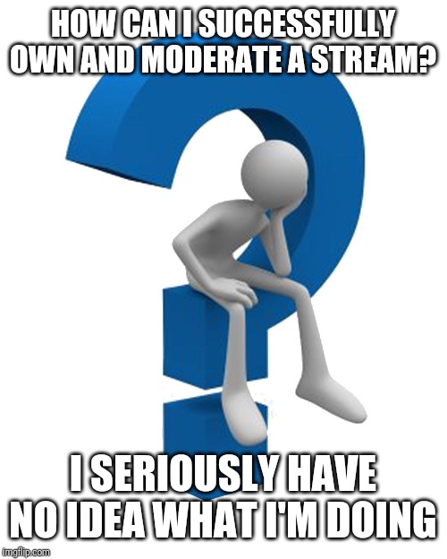 question mark | HOW CAN I SUCCESSFULLY OWN AND MODERATE A STREAM? I SERIOUSLY HAVE NO IDEA WHAT I'M DOING | image tagged in question mark | made w/ Imgflip meme maker