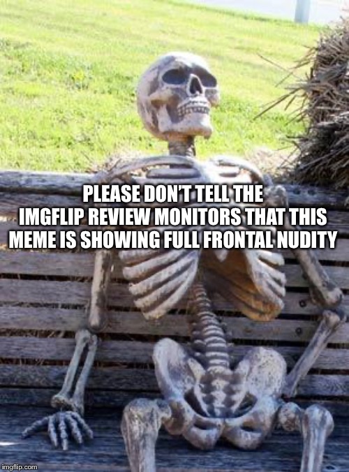 Waiting Skeleton | PLEASE DON’T TELL THE IMGFLIP REVIEW MONITORS THAT THIS MEME IS SHOWING FULL FRONTAL NUDITY | image tagged in memes,waiting skeleton | made w/ Imgflip meme maker