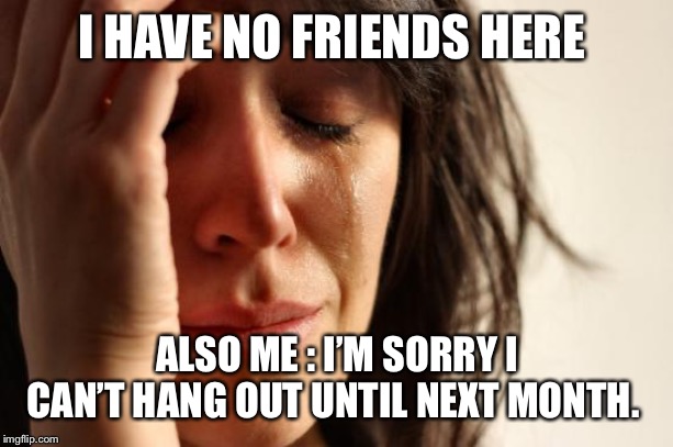 First World Problems | I HAVE NO FRIENDS HERE; ALSO ME : I’M SORRY I CAN’T HANG OUT UNTIL NEXT MONTH. | image tagged in memes,first world problems | made w/ Imgflip meme maker