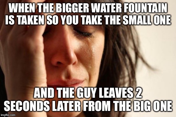 First World Problems Meme | WHEN THE BIGGER WATER FOUNTAIN IS TAKEN SO YOU TAKE THE SMALL ONE; AND THE GUY LEAVES 2 SECONDS LATER FROM THE BIG ONE | image tagged in memes,first world problems | made w/ Imgflip meme maker