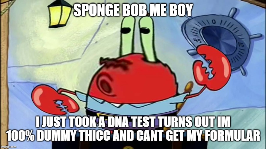 Spongeboi me bob | SPONGE BOB ME BOY; I JUST TOOK A DNA TEST TURNS OUT IM 100% DUMMY THICC AND CANT GET MY FORMULAR | image tagged in spongeboi me bob | made w/ Imgflip meme maker