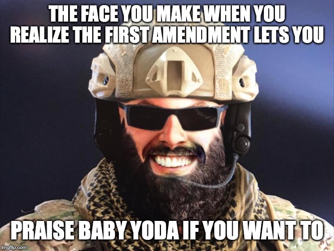 Rainbow six siege | THE FACE YOU MAKE WHEN YOU REALIZE THE FIRST AMENDMENT LETS YOU; PRAISE BABY YODA IF YOU WANT TO | image tagged in rainbow six siege | made w/ Imgflip meme maker