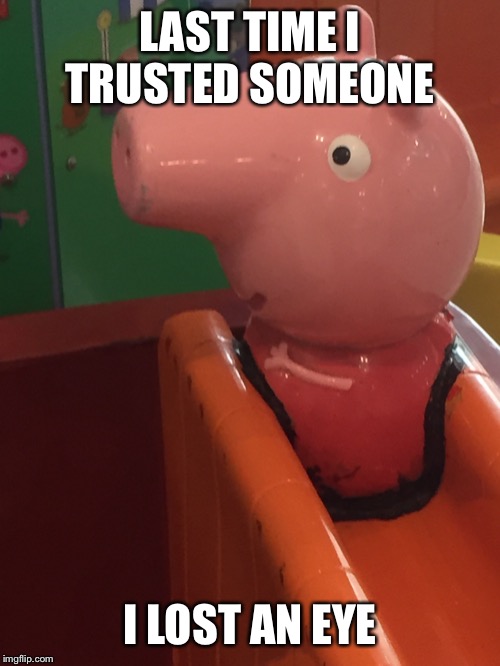 You OK, Peppa? | LAST TIME I TRUSTED SOMEONE; I LOST AN EYE | image tagged in you ok peppa | made w/ Imgflip meme maker