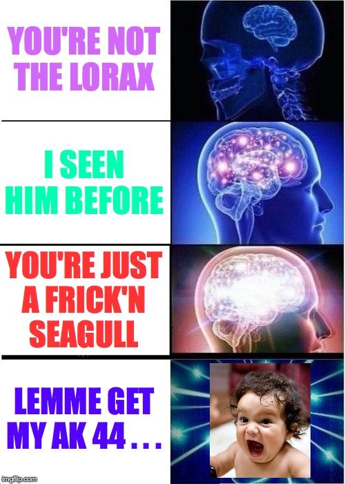 Expanding Brain Meme | YOU'RE NOT
THE LORAX I SEEN HIM BEFORE YOU'RE JUST
A FRICK'N
SEAGULL LEMME GET
MY AK 44 . . . | image tagged in memes,expanding brain | made w/ Imgflip meme maker