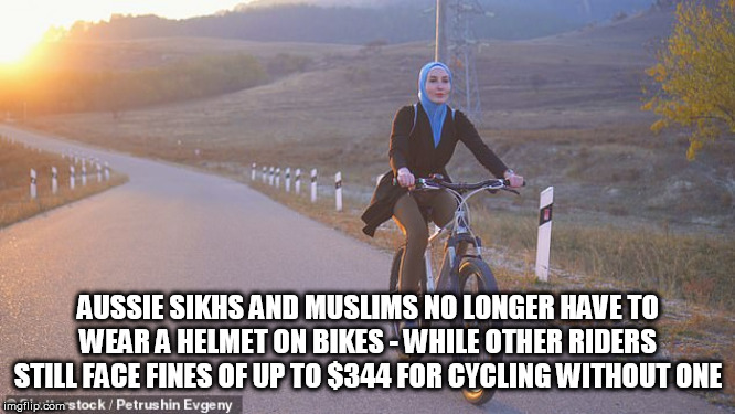 wtf | AUSSIE SIKHS AND MUSLIMS NO LONGER HAVE TO WEAR A HELMET ON BIKES - WHILE OTHER RIDERS STILL FACE FINES OF UP TO $344 FOR CYCLING WITHOUT ONE | image tagged in wtf | made w/ Imgflip meme maker