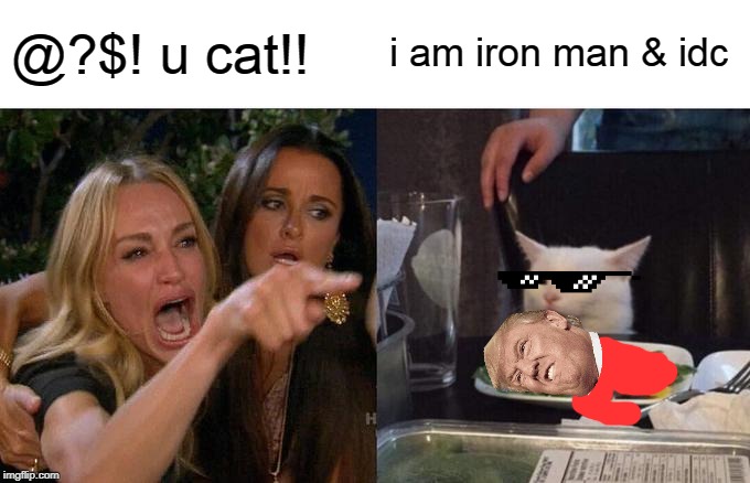 Woman Yelling At Cat | @?$! u cat!! i am iron man & idc | image tagged in memes,woman yelling at cat | made w/ Imgflip meme maker
