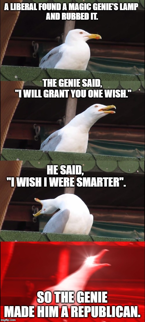 Inhaling Seagull | A LIBERAL FOUND A MAGIC GENIE'S LAMP 
AND RUBBED IT. THE GENIE SAID,
 "I WILL GRANT YOU ONE WISH."; HE SAID, 
"I WISH I WERE SMARTER". SO THE GENIE MADE HIM A REPUBLICAN. | image tagged in memes,inhaling seagull | made w/ Imgflip meme maker