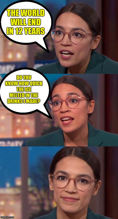 She knows ice. Too bad she doesn't know ICE. | THE WORLD WILL END IN 12 YEARS; DO YOU KNOW HOW QUICK THE ICE MELTED IN THE DRINKS I MADE? | image tagged in aoc dialog,brain dead,glorified bartender,aoc | made w/ Imgflip meme maker