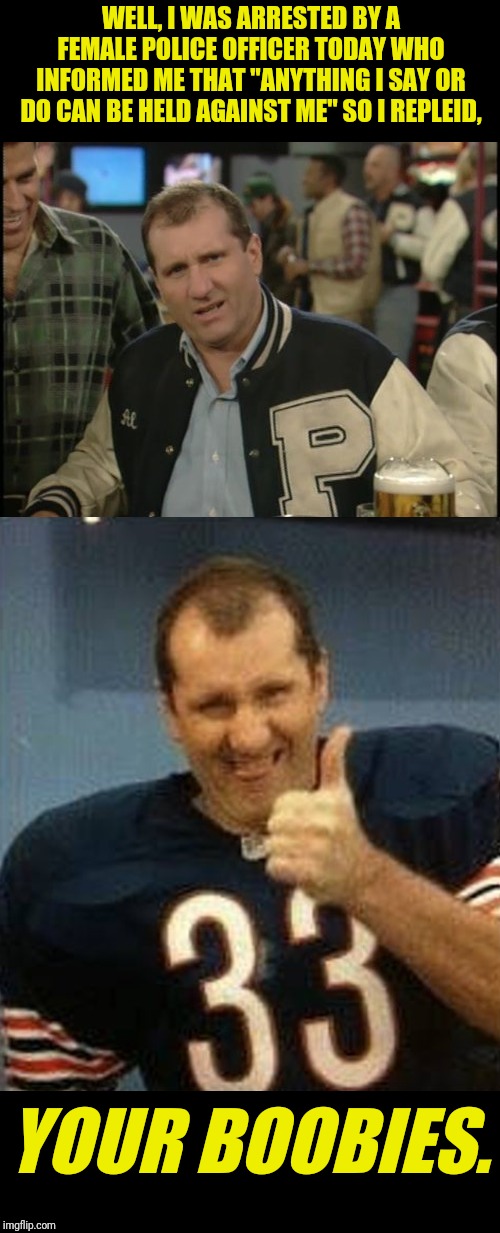 Al Bundy | WELL, I WAS ARRESTED BY A FEMALE POLICE OFFICER TODAY WHO INFORMED ME THAT "ANYTHING I SAY OR DO CAN BE HELD AGAINST ME" SO I REPLEID, YOUR BOOBIES. | image tagged in the most interesting man in the world al bundy,al bundy,married with children,police officer | made w/ Imgflip meme maker