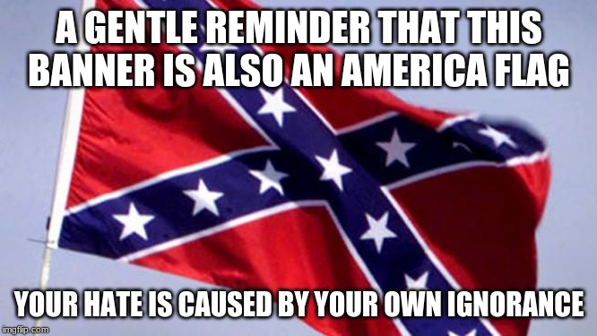 You do not get to rewrite history | A GENTLE REMINDER THAT THIS BANNER IS ALSO AN AMERICA FLAG; YOUR HATE IS CAUSED BY YOUR OWN IGNORANCE | image tagged in confederate flag,america,history,confederates were american patriots,stop the lies,stop the hate | made w/ Imgflip meme maker