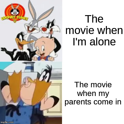 Drake Hotline Bling |  The movie when I'm alone; The movie when my parents come in | image tagged in memes,drake hotline bling,daffy duck,porky pig,looney tunes | made w/ Imgflip meme maker