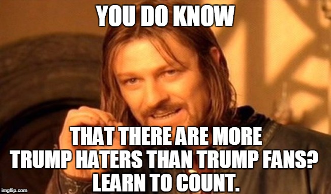 One Does Not Simply Meme | YOU DO KNOW THAT THERE ARE MORE TRUMP HATERS THAN TRUMP FANS? 
LEARN TO COUNT. | image tagged in memes,one does not simply | made w/ Imgflip meme maker