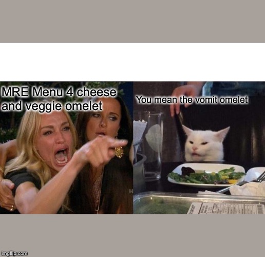 Woman Yelling At Cat Meme | MRE Menu 4 cheese and veggie omelet; You mean the vomit omelet | image tagged in memes,woman yelling at cat | made w/ Imgflip meme maker