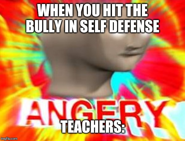 Surreal Angery | WHEN YOU HIT THE BULLY IN SELF DEFENSE; TEACHERS: | image tagged in surreal angery | made w/ Imgflip meme maker