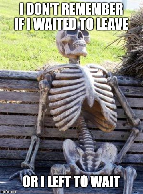 Waiting Skeleton Meme | I DON'T REMEMBER IF I WAITED TO LEAVE OR I LEFT TO WAIT | image tagged in memes,waiting skeleton | made w/ Imgflip meme maker