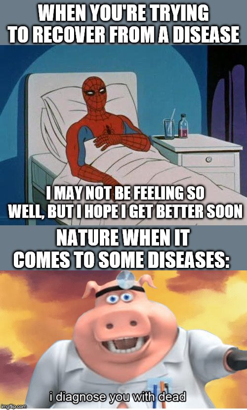 WHEN YOU'RE TRYING TO RECOVER FROM A DISEASE; I MAY NOT BE FEELING SO WELL, BUT I HOPE I GET BETTER SOON; NATURE WHEN IT COMES TO SOME DISEASES: | image tagged in memes,spiderman hospital | made w/ Imgflip meme maker