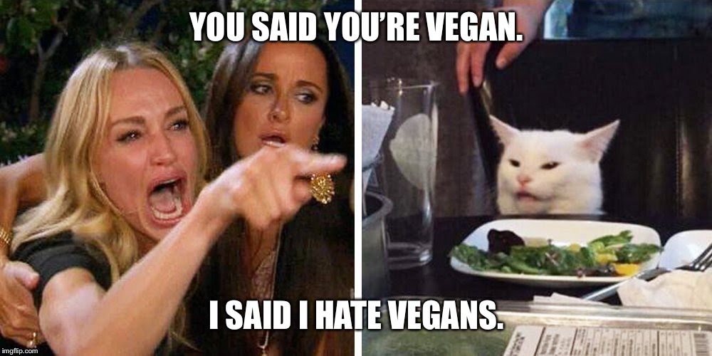 Smudge the cat | YOU SAID YOU’RE VEGAN. I SAID I HATE VEGANS. | image tagged in smudge the cat | made w/ Imgflip meme maker