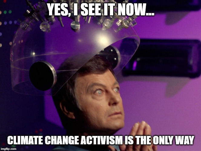 Star Trek McCoy Bones Spock brain  | YES, I SEE IT NOW... CLIMATE CHANGE ACTIVISM IS THE ONLY WAY | image tagged in star trek mccoy bones spock brain | made w/ Imgflip meme maker
