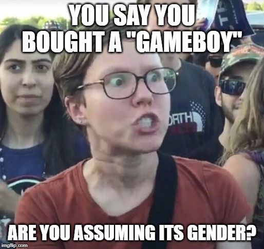 "Gameperson" | YOU SAY YOU BOUGHT A "GAMEBOY"; ARE YOU ASSUMING ITS GENDER? | image tagged in triggered feminist,gameperson,gameboy | made w/ Imgflip meme maker