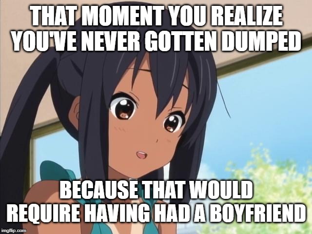 THAT MOMENT YOU REALIZE YOU'VE NEVER GOTTEN DUMPED BECAUSE THAT WOULD REQUIRE HAVING HAD A BOYFRIEND | made w/ Imgflip meme maker