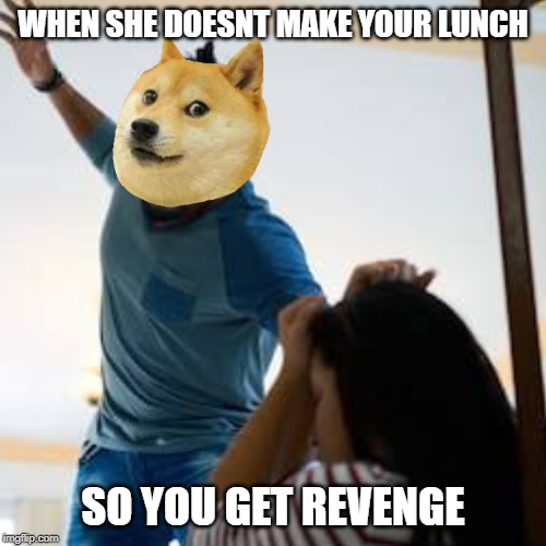 Doge beating a w*man | WHEN SHE DOESNT MAKE YOUR LUNCH; SO YOU GET REVENGE | image tagged in doge beating a wman | made w/ Imgflip meme maker