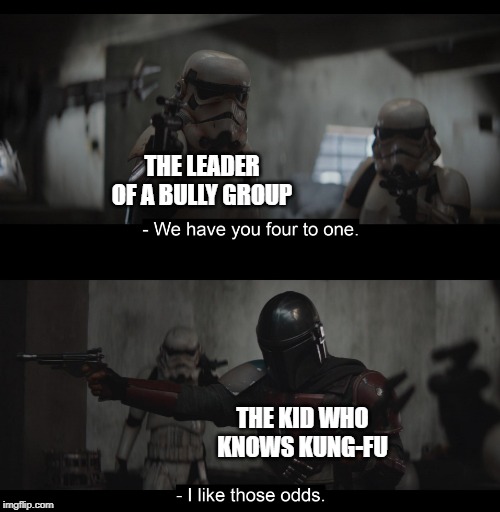 Four to One | THE LEADER OF A BULLY GROUP; THE KID WHO KNOWS KUNG-FU | image tagged in four to one | made w/ Imgflip meme maker