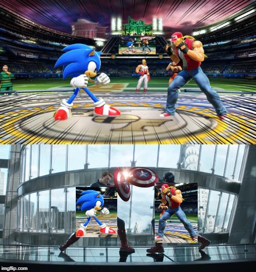 kinda the same if you think about it | image tagged in sonic vs terry,captain america vs himself,super smash bros,avengers endgame,sonic the hedgehog,marvel | made w/ Imgflip meme maker