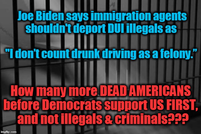 Democrats are not on OUR SIDE | Joe Biden says immigration agents shouldn't deport DUI illegals as                                     "I don’t count drunk driving as a felony.”; How many more DEAD AMERICANS before Democrats support US FIRST,    and not illegals & criminals??? | image tagged in politics,political meme,political,politicians,american politics,political memes | made w/ Imgflip meme maker