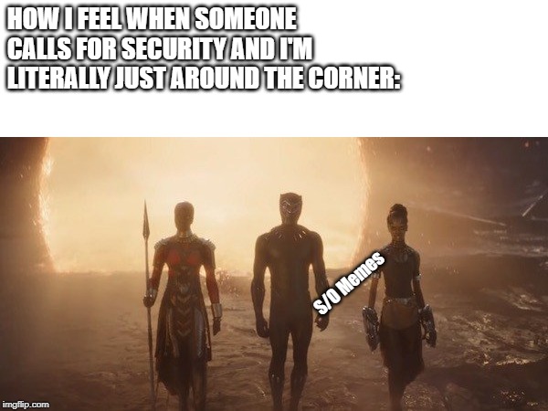 Avengers Portals | HOW I FEEL WHEN SOMEONE CALLS FOR SECURITY AND I'M LITERALLY JUST AROUND THE CORNER:; S/O Memes | image tagged in onyourleft | made w/ Imgflip meme maker
