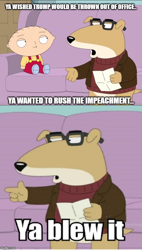 Dems Blew it! | YA WISHED TRUMP WOULD BE THROWN OUT OF OFFICE.. YA WANTED TO RUSH THE IMPEACHMENT... | image tagged in ya blew it,democrats,funny,memes,donald trump | made w/ Imgflip meme maker