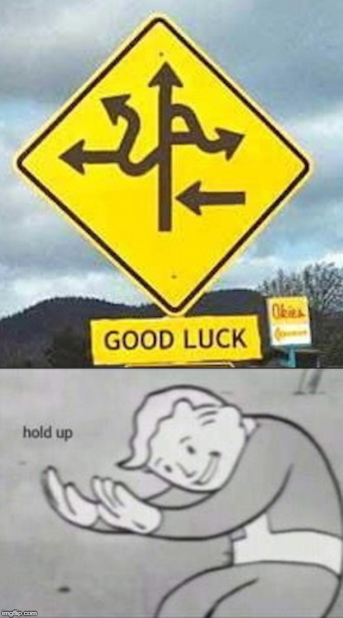 Good Luck! | image tagged in fallout hold up,funny signs,traffic signs,hold up,vault boy,funny | made w/ Imgflip meme maker