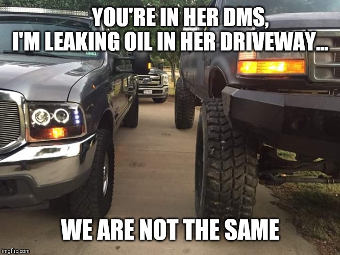 Trucks | YOU'RE IN HER DMS, 
I'M LEAKING OIL IN HER DRIVEWAY... WE ARE NOT THE SAME | image tagged in the most interesting man in the world | made w/ Imgflip meme maker