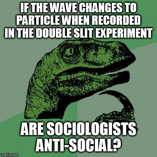 Philosoraptor Meme |  IF THE WAVE CHANGES TO PARTICLE WHEN RECORDED IN THE DOUBLE SLIT EXPERIMENT; ARE SOCIOLOGISTS ANTI-SOCIAL? | image tagged in memes,philosoraptor | made w/ Imgflip meme maker