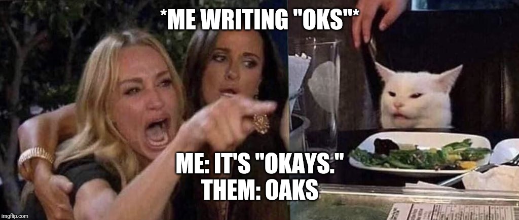 woman yelling at cat | *ME WRITING "OKS"*; ME: IT'S "OKAYS."
THEM: OAKS | image tagged in woman yelling at cat | made w/ Imgflip meme maker