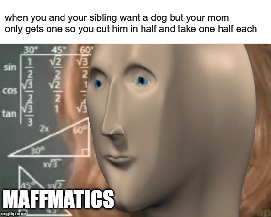 now it's time for everyone's favorite subject: math! | when you and your sibling want a dog but your mom only gets one so you cut him in half and take one half each; MAFFMATICS | image tagged in memes,stonks | made w/ Imgflip meme maker