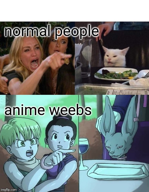 normal people; anime weebs | image tagged in memes,woman yelling at cat | made w/ Imgflip meme maker