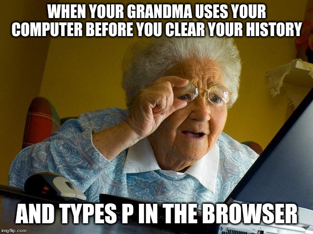 Grandma Finds The Internet | WHEN YOUR GRANDMA USES YOUR COMPUTER BEFORE YOU CLEAR YOUR HISTORY; AND TYPES P IN THE BROWSER | image tagged in memes,grandma finds the internet | made w/ Imgflip meme maker
