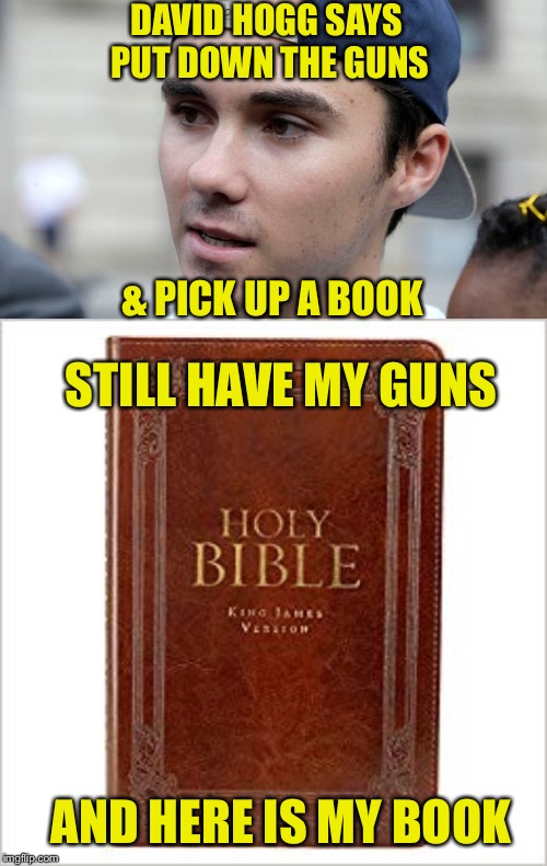 David Hogg(wash) to Virginia Gun Rally | DAVID HOGG SAYS 
PUT DOWN THE GUNS; & PICK UP A BOOK; STILL HAVE MY GUNS; AND HERE IS MY BOOK | image tagged in hogg,virginia,rally,guns,books,bible | made w/ Imgflip meme maker
