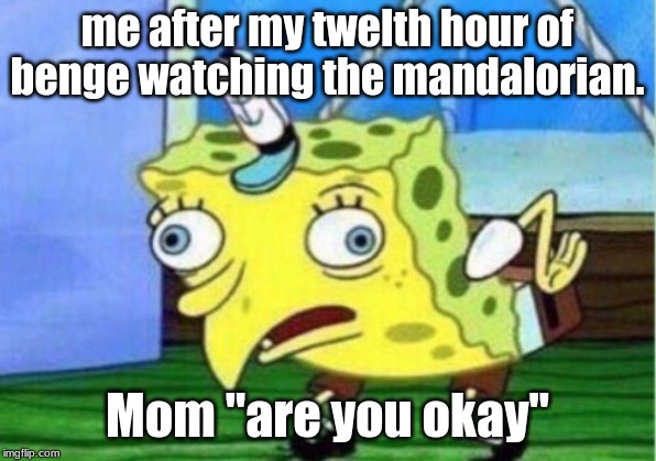 Mocking Spongebob | me after my twelth hour of benge watching the mandalorian. Mom ''are you okay'' | image tagged in memes,mocking spongebob | made w/ Imgflip meme maker