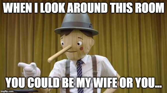Geico Pinocchio | WHEN I LOOK AROUND THIS ROOM; YOU COULD BE MY WIFE OR YOU... | image tagged in geico pinocchio | made w/ Imgflip meme maker