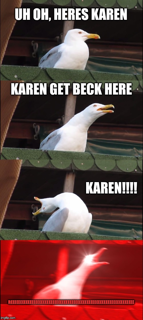 Inhaling Seagull | UH OH, HERES KAREN; KAREN GET BECK HERE; KAREN!!!! REEEEEEEEEEEEEEEEEEEEEEEEEEEEEEEEEEEEEEEEEEEEEEEEEEEEEEEEEEEEEEEEE | image tagged in memes,inhaling seagull | made w/ Imgflip meme maker