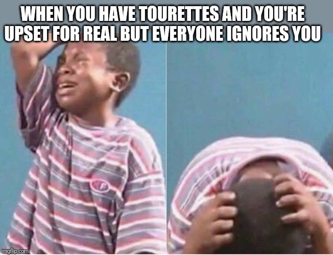 Crying kid | WHEN YOU HAVE TOURETTES AND YOU'RE UPSET FOR REAL BUT EVERYONE IGNORES YOU | image tagged in crying kid | made w/ Imgflip meme maker