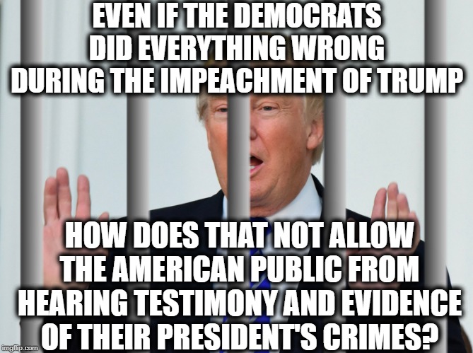 The GOP Protects Traitors And You Support That. | EVEN IF THE DEMOCRATS DID EVERYTHING WRONG DURING THE IMPEACHMENT OF TRUMP; HOW DOES THAT NOT ALLOW THE AMERICAN PUBLIC FROM HEARING TESTIMONY AND EVIDENCE OF THEIR PRESIDENT'S CRIMES? | image tagged in democrats,republicans,evidence,senate,traitor,crime | made w/ Imgflip meme maker