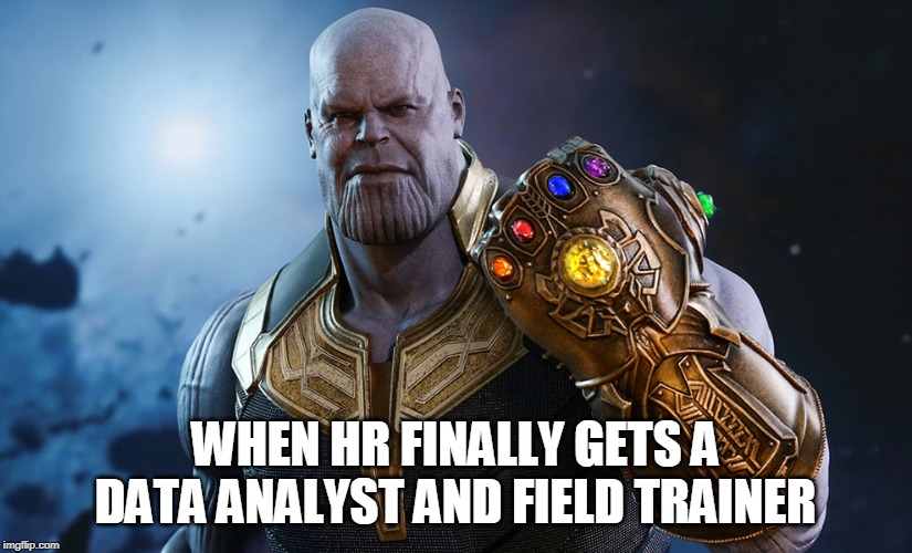 THANOS gauntlet  | WHEN HR FINALLY GETS A DATA ANALYST AND FIELD TRAINER | image tagged in thanos gauntlet | made w/ Imgflip meme maker