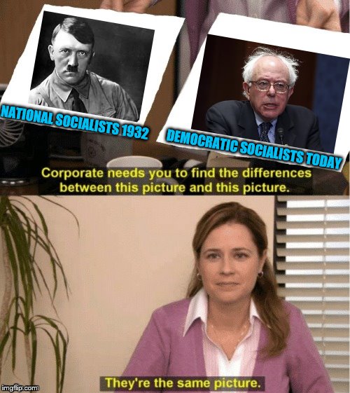 Bernie for President "Freedom and Bread" | NATIONAL SOCIALISTS 1932; DEMOCRATIC SOCIALISTS TODAY | image tagged in office same picture,political meme,socialism,bernie sanders,adolf hitler,memes | made w/ Imgflip meme maker