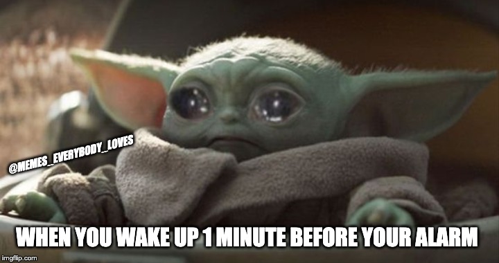 Sad baby yoda | @MEMES_EVERYBODY_LOVES; WHEN YOU WAKE UP 1 MINUTE BEFORE YOUR ALARM | image tagged in sad baby yoda | made w/ Imgflip meme maker